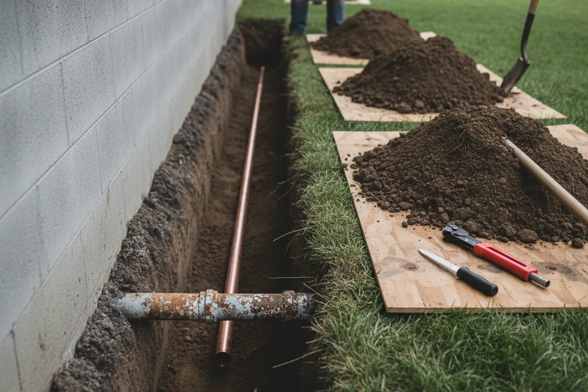 Excavated water line trench during Sewer Line Repair in Amazonia
